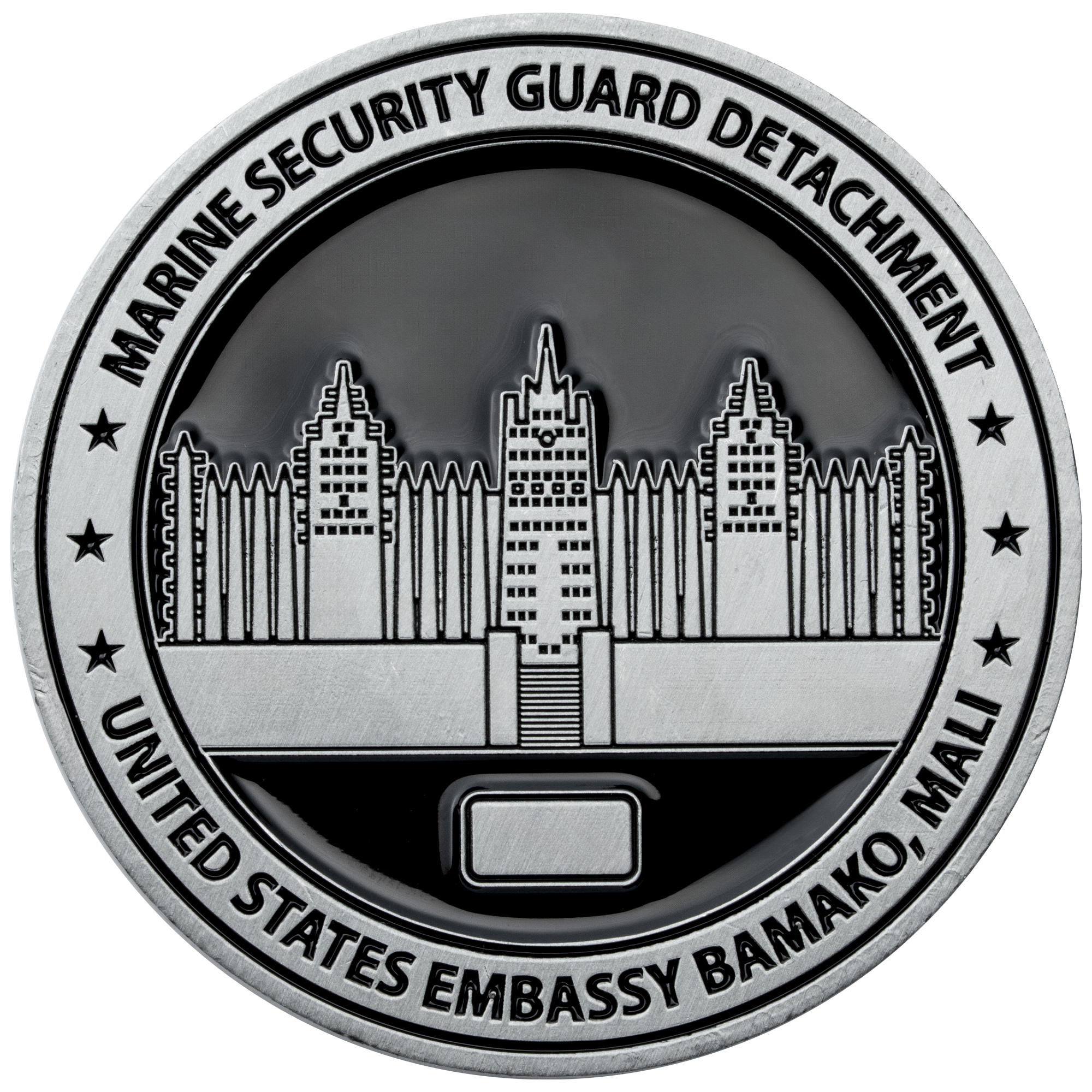 Marine Security Guard Detachment United States Embassy Bamako Mali challenge coin with silver architecture design on black enamel background.
