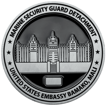 Marine Security Guard Detachment United States Embassy Bamako Mali challenge coin with silver architecture design on black enamel background.