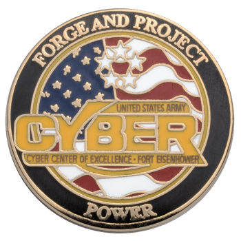 Circular United States Army Cyber challenge coin featuring an American flag background and the text Cyber Center of Excellence Fort Eisenhower.