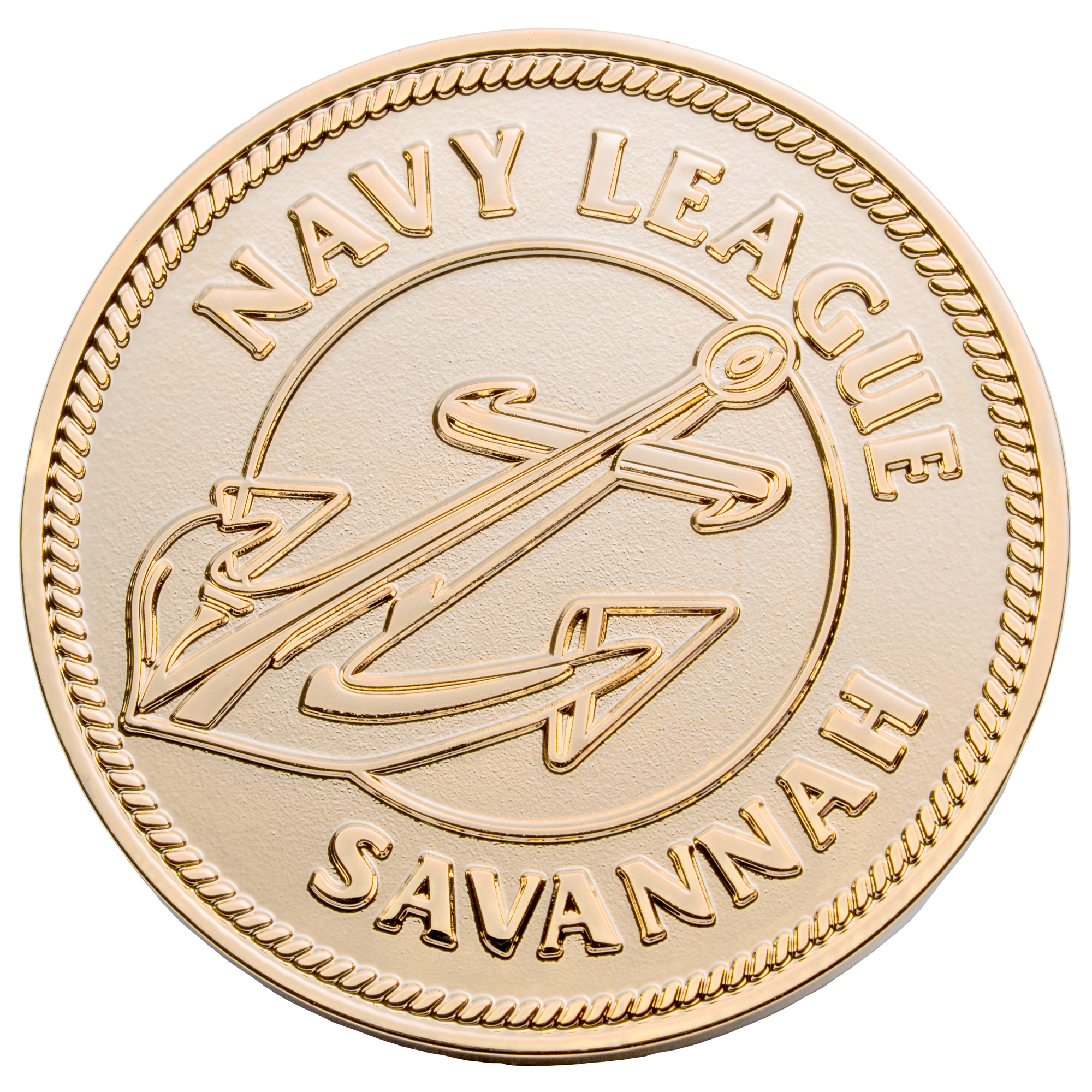 Gold challenge coin featuring the Navy League Savannah text and a large anchor emblem with a rope border.