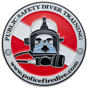 Circular challenge coin featuring a diver in a full-face mask over a red and white diver down flag, inscribed with Public Safety Diver Training.