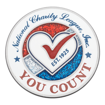 Circular challenge coin for National Charity League, Inc. featuring a heart and checkmark with red, white, and blue glitter accents and 'You Count' text.
