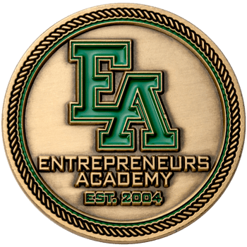 Antique bronze challenge coin for Entrepreneurs Academy featuring a green enamel EA logo and rope border.