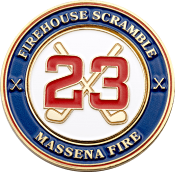 Firehouse Scramble Massena Fire custom challenge coin featuring the number 23 and crossed golf clubs on a blue and gold border.