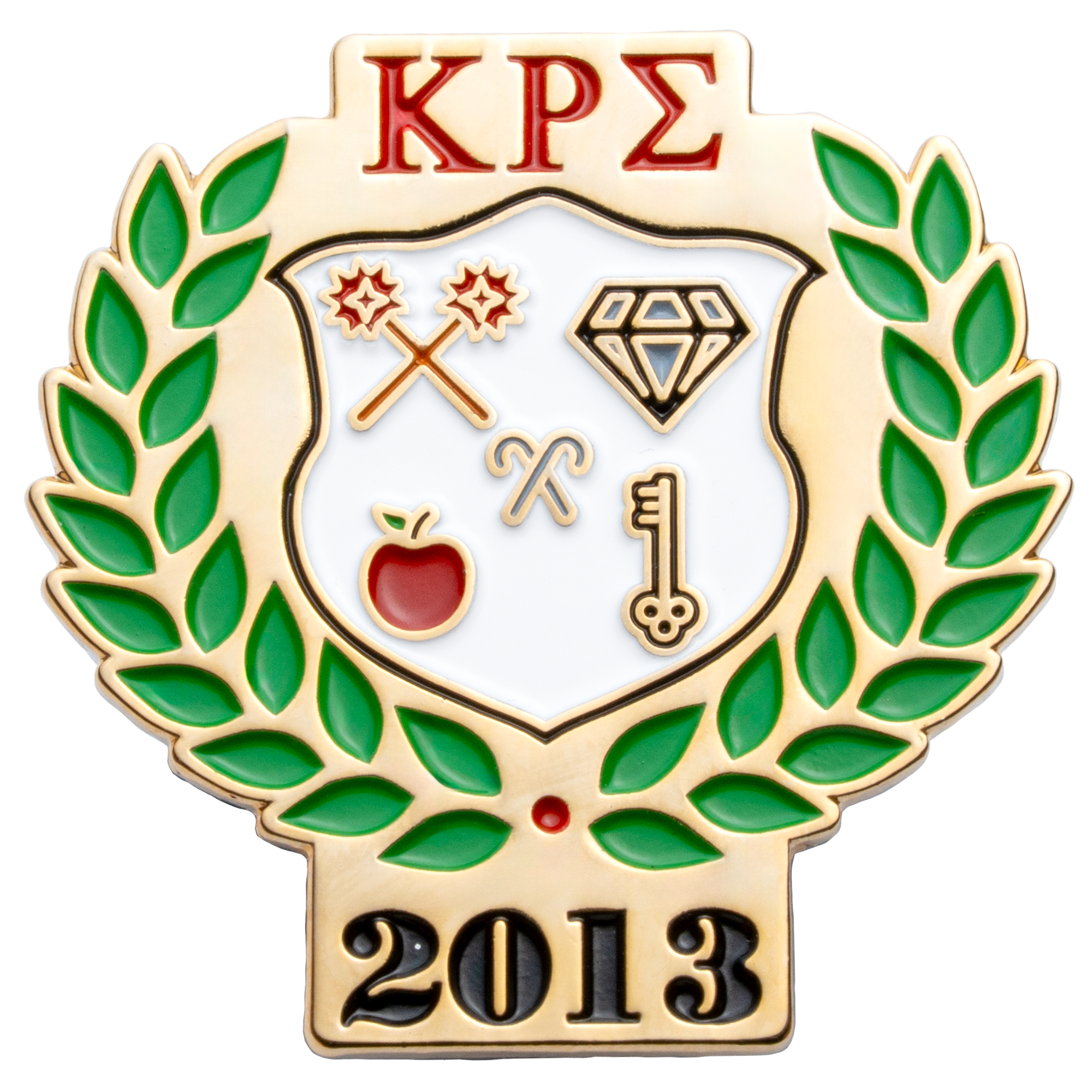 Gold lapel pin featuring red Greek letters KRS, a green laurel wreath, a white shield with symbols, and the year 2013.