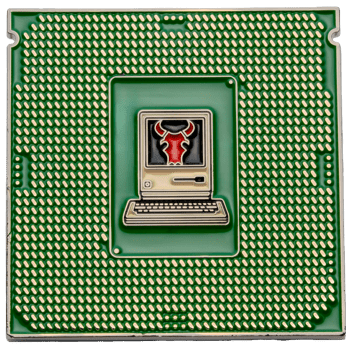 Square lapel pin shaped like a green CPU processor featuring a retro computer with a red bull logo on the screen.