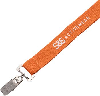 Orange woven lanyard with white S&S ACTIVEWEAR print and metal bulldog clip attachment.