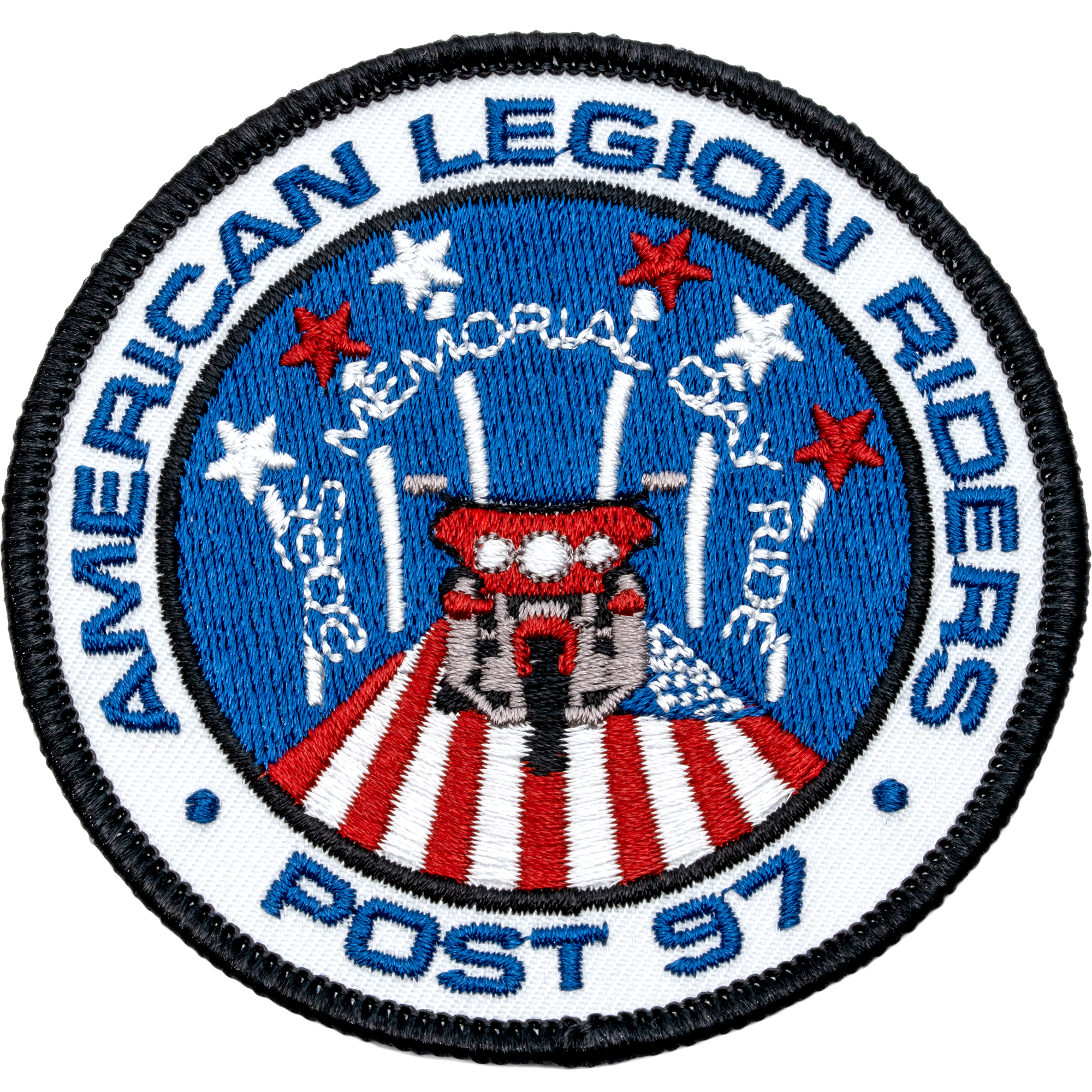 Circular embroidered patch for American Legion Riders Post 97 featuring a motorcycle over an American flag with stars and 2005 Memorial Day Ride text.