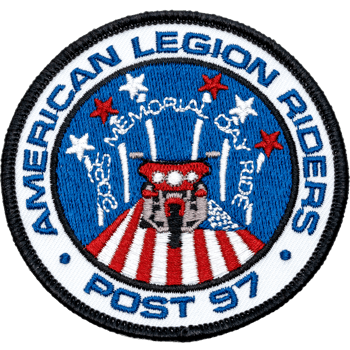 Circular embroidered patch for American Legion Riders Post 97 featuring a motorcycle over an American flag with stars and 2005 Memorial Day Ride text.