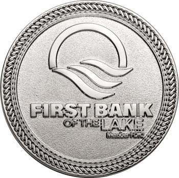 Silver First Bank of the Lake challenge coin with wave logo and rope border.