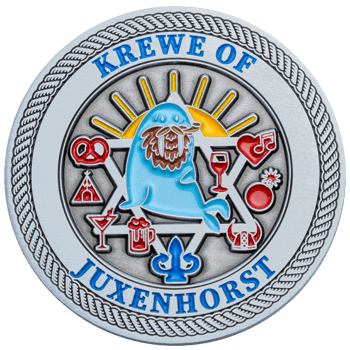 Circular challenge coin featuring a blue walrus with a pipe, a Star of David, and various icons including a pretzel, beer mug, and wine glass.