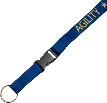 Royal blue woven lanyard with yellow AGILITY text, yellow star, black plastic quick-release buckle, and silver key ring attachment.