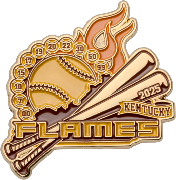 Softball trading pin for Kentucky Flames 2025 featuring a flame, crossed bats, a softball, and player numbers in gold and maroon.