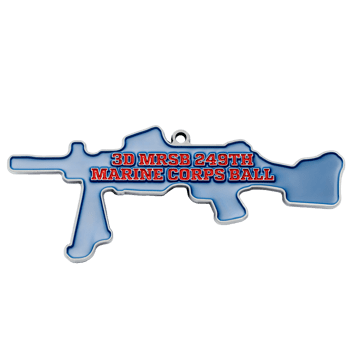 Rifle-shaped custom challenge coin for the 3D MRSB 249th Marine Corps Ball with blue enamel and red text.