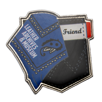 Shield-shaped lapel pin featuring the Leather Archives & Museum logo on a blue paisley pattern with the word Friend on a white banner.