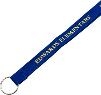 Custom blue fabric lanyard featuring yellow embroidered text for Edwards Elementary with a silver split key ring.