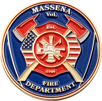 Massena Vol. Fire Department challenge coin featuring a firefighter emblem with crossed axes and the US flag