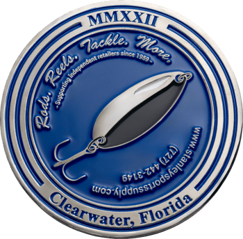 Circular blue and silver challenge coin featuring a fishing lure, Roman numerals MMXXII, and Clearwater, Florida text.