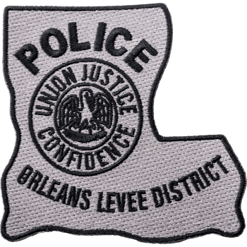 Louisiana state-shaped embroidered patch for Orleans Levee District Police featuring a pelican seal and black text on a grey background.