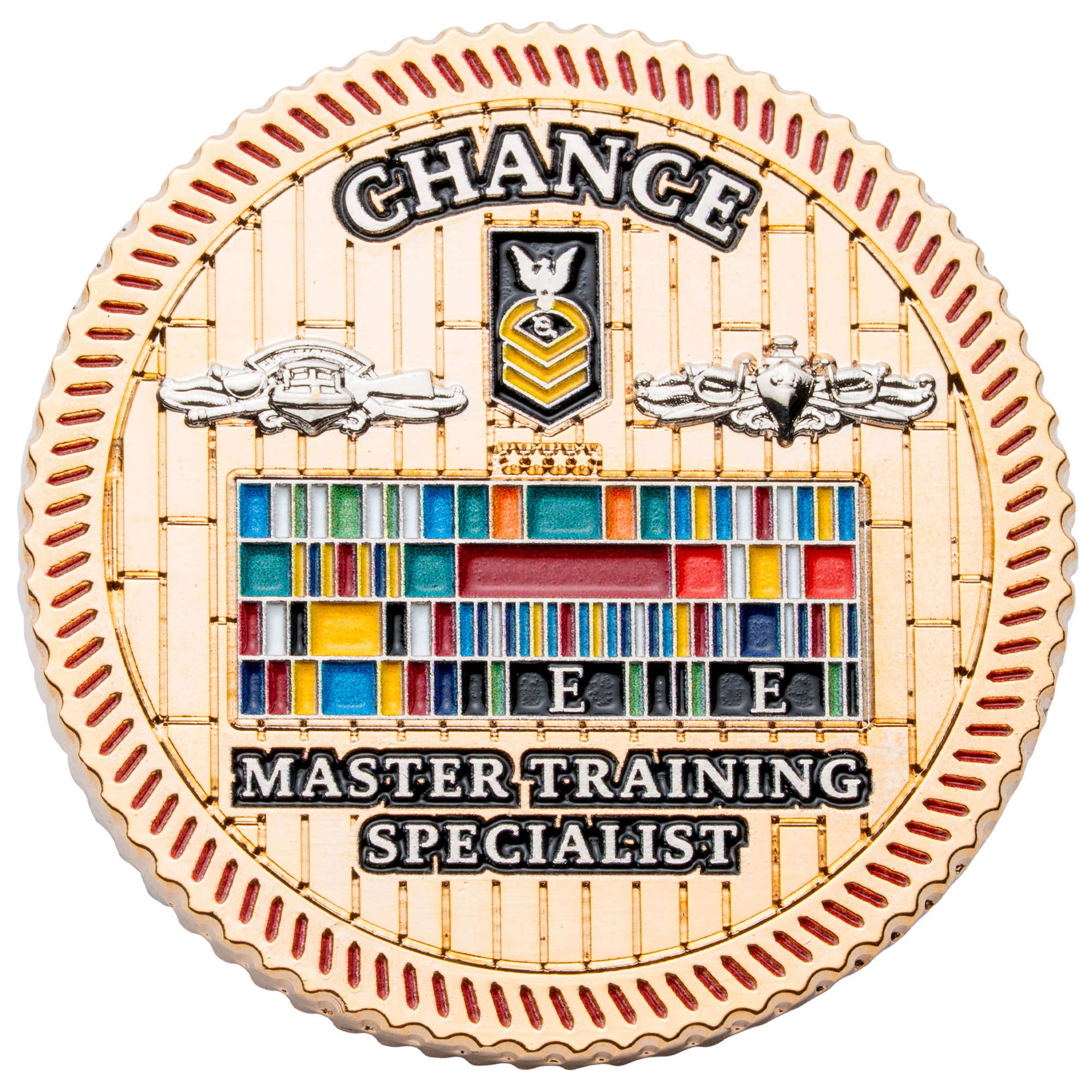 Gold challenge coin featuring Navy master training specialist text, colorful service ribbons, submarine warfare insignias, and a chief petty officer rank.