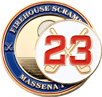 Firehouse Scramble Massena golf ball marker challenge coin featuring red number 23 and crossed hockey sticks.