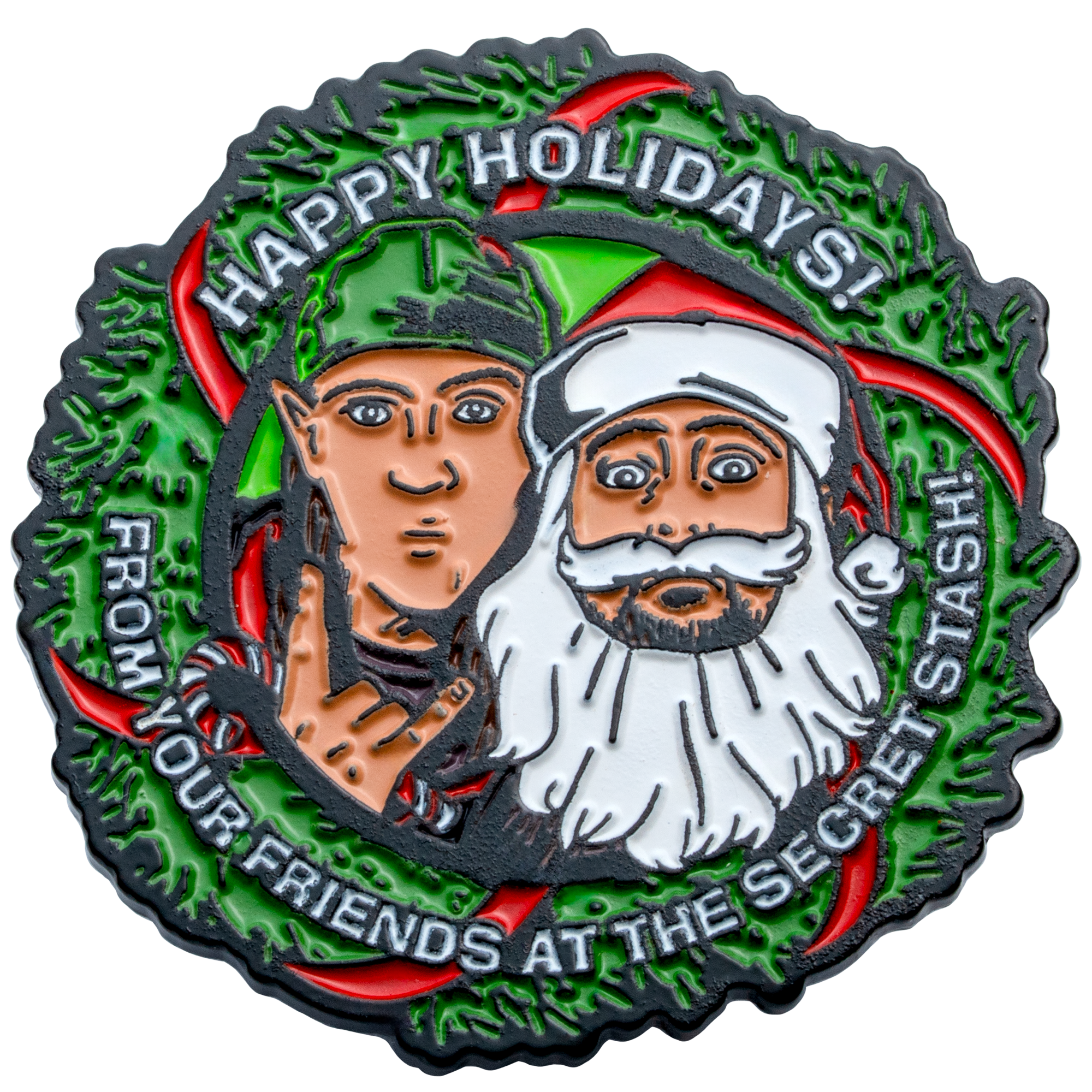 Enamel lapel pin featuring Jay and Silent Bob as an elf and Santa Claus surrounded by a green holiday wreath with the text Happy Holidays.