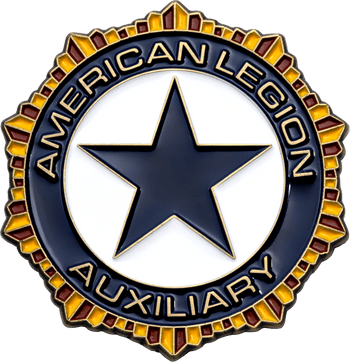American Legion Auxiliary challenge coin featuring a central dark blue star on white with an ornate gold, yellow, and red sunburst border.