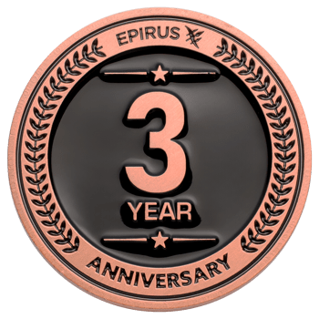 Epirus 3 year anniversary challenge coin with copper finish, black enamel background, and laurel wreath border.