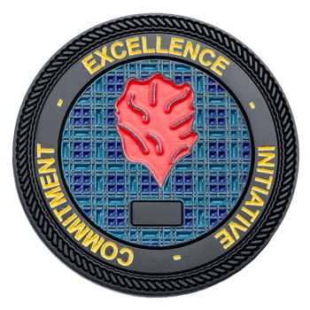 Round challenge coin featuring a red leaf emblem on a blue plaid background with a black border and rope edge.