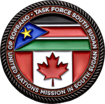 Task Force South Sudan challenge coin featuring the flag of South Sudan and Canadian maple leaf.