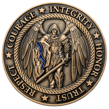 Antiqued bronze challenge coin featuring a winged warrior with a thin blue line shield, surrounded by the words Courage, Integrity, Honor, Trust, and Respect.