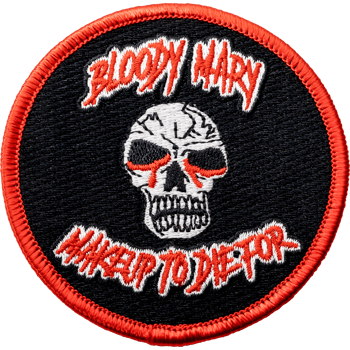 Circular embroidered patch featuring a white skull with red accents and 'Bloody Mary' text on a black background with a red border.