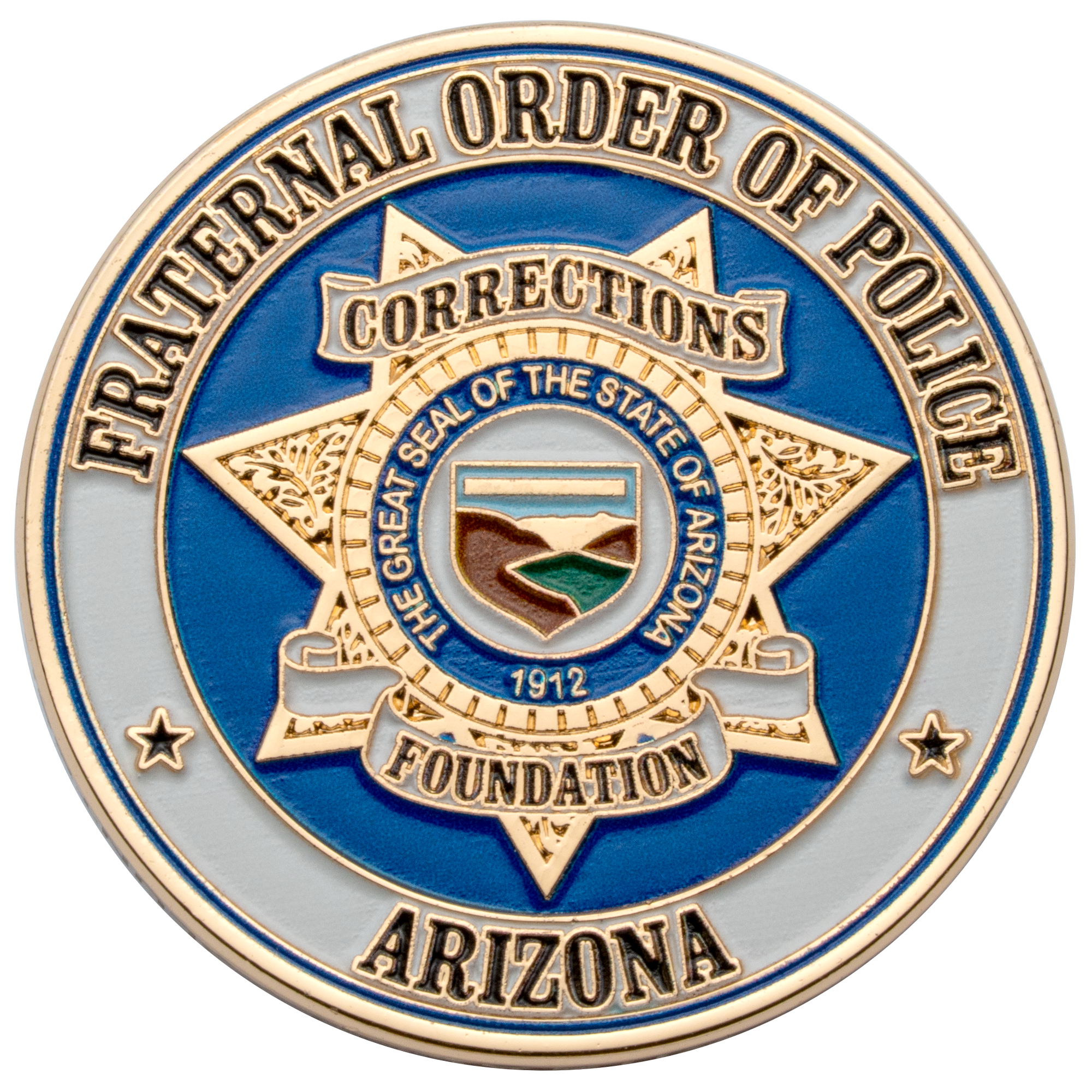 Gold-plated challenge coin for the Fraternal Order of Police Arizona Foundation featuring the Great Seal of the State of Arizona and a seven-pointed star.
