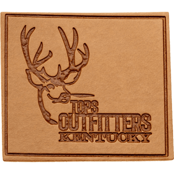 Rectangular tan leather patch featuring an embossed deer head logo and Tops Outfitters Kentucky text.