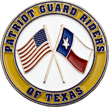 Patriot Guard Riders of Texas challenge coin featuring crossed American and Texas state flags on a white background with a gold border.