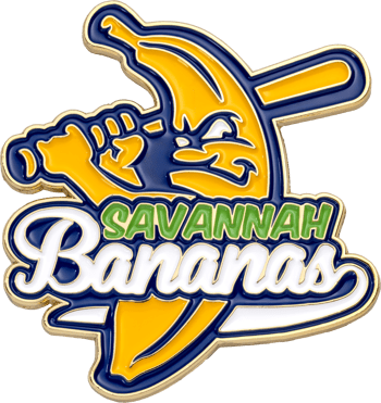 Savannah Bananas enamel lapel pin featuring a banana character swinging a baseball bat