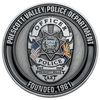 Prescott Valley Police Department challenge coin featuring an officer badge, Arizona state seal, and American flag on antiqued silver metal.