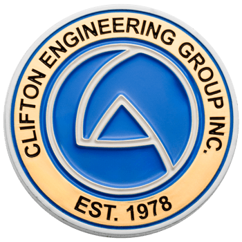 Circular challenge coin for Clifton Engineering Group Inc. with blue enamel center and gold border.