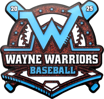 Wayne Warriors Baseball lapel pin featuring a blue 'W', crossed bats, and red glitter background with the years 20 and 25.