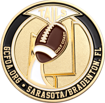 Gulf Coast Football Officials Association challenge coin featuring a football, goalpost, and Sarasota Bradenton FL text.
