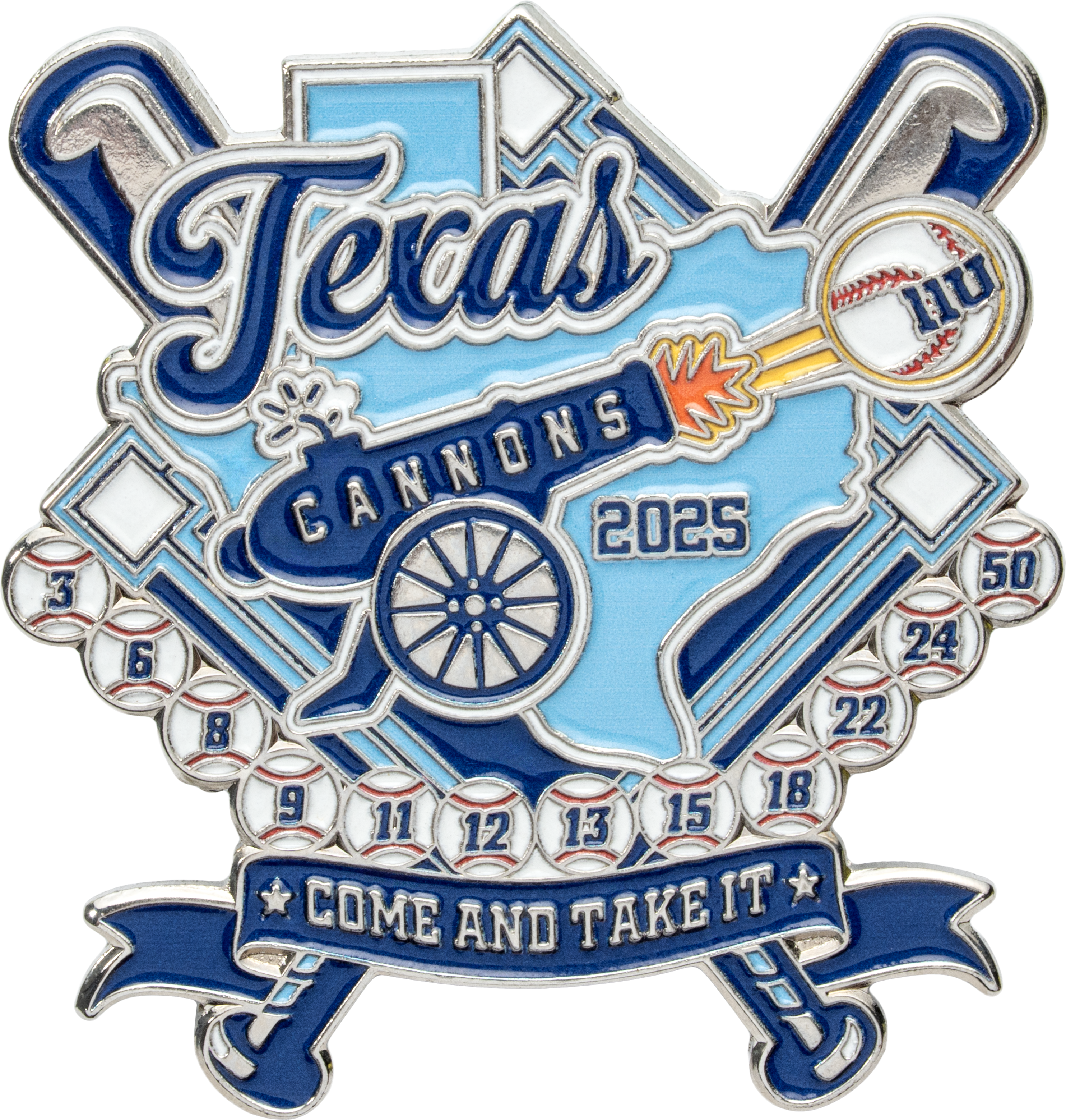 Custom lapel pin for Texas Cannons 2025 featuring a baseball diamond, crossed bats, a firing cannon, and a 'Come and Take It' banner.