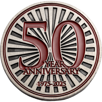 Antiqued silver challenge coin featuring a large red 50 and 50 Year Anniversary 1975-2025 text over a sunburst background.