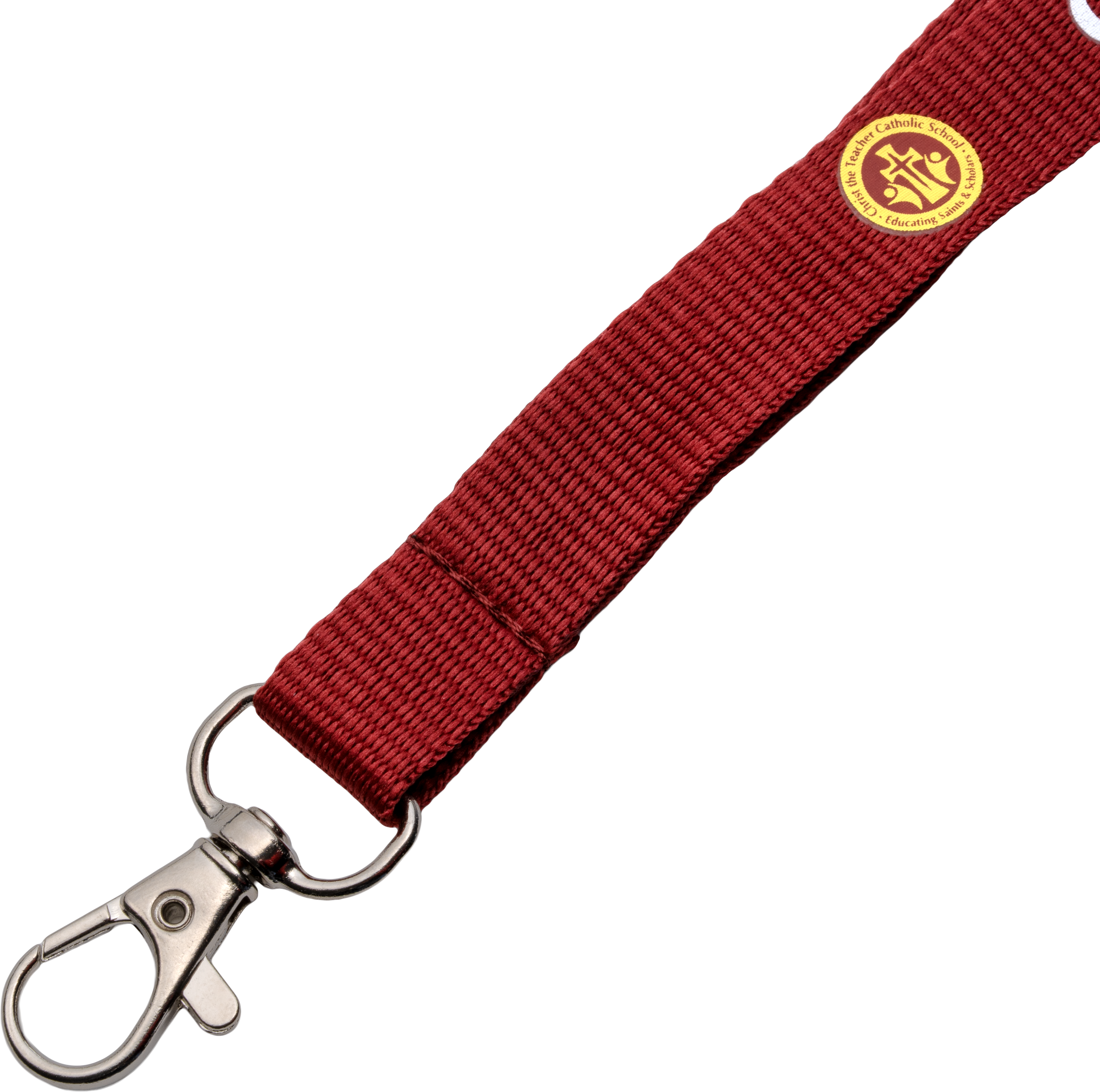 Maroon woven lanyard with a silver swivel hook and a circular Christ the Teacher Catholic School logo.