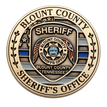 Gold challenge coin for the Blount County Sheriff's Office featuring a central badge emblem over a thin blue line American flag background.