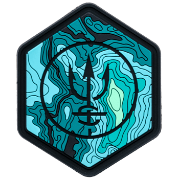 Hexagonal PVC patch with a trident logo centered over a teal and blue topographic map background.