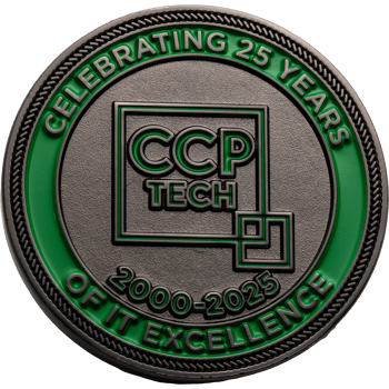 Antique silver and green challenge coin celebrating 25 years of CCP Tech with dates 2000-2025 and rope border.