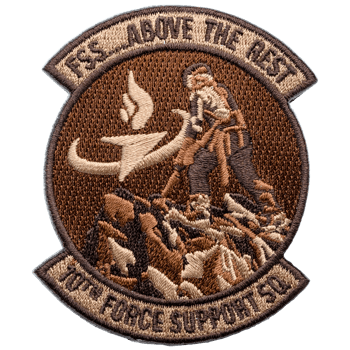 Embroidered 10th Force Support SQ patch featuring a torch and figure climbing a mountain in shades of brown.