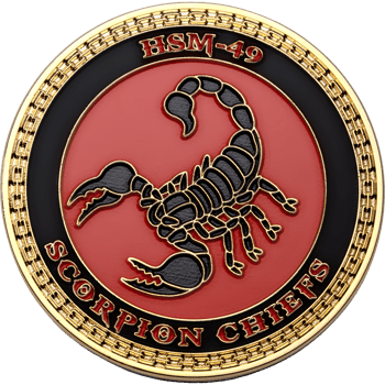 Circular challenge coin featuring a black scorpion on a red background with HSM-49 Scorpion Chiefs text and a gold chain border.