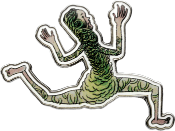 Custom lapel pin featuring a stylized human figure covered in green vine patterns and swirling textures.