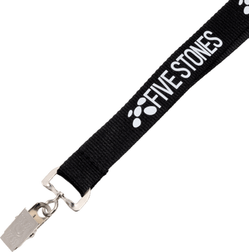 Black custom lanyard printed in white with Five Stones logo and text, attached to a metal bulldog clip.
